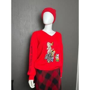 1980's Red Clown Embroidered V-Neck Sweater M/L Still Clowning Around